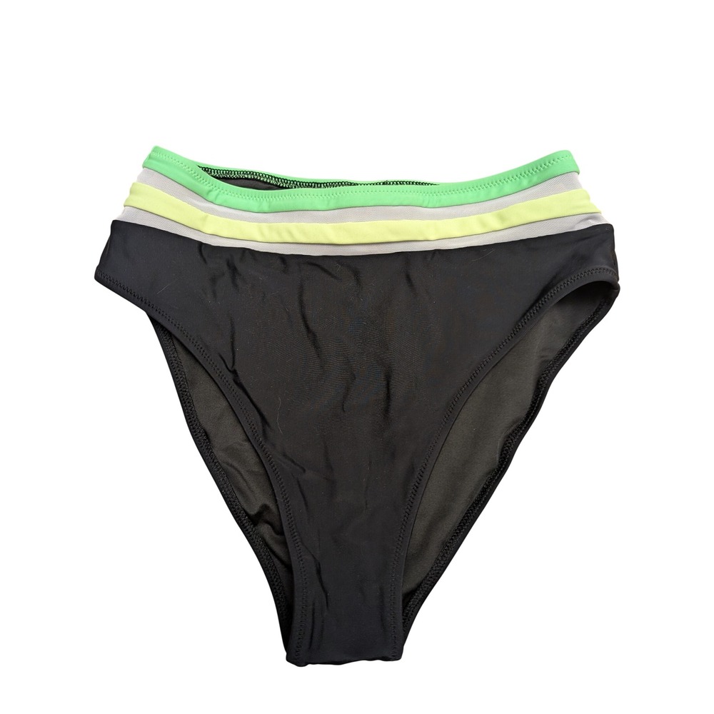 Popvil High Waisted Bikini Bottom Black Neon Colorblock Mesh Trim‎ Beach Summer